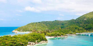 Tropical beach with docks and lush green hills.