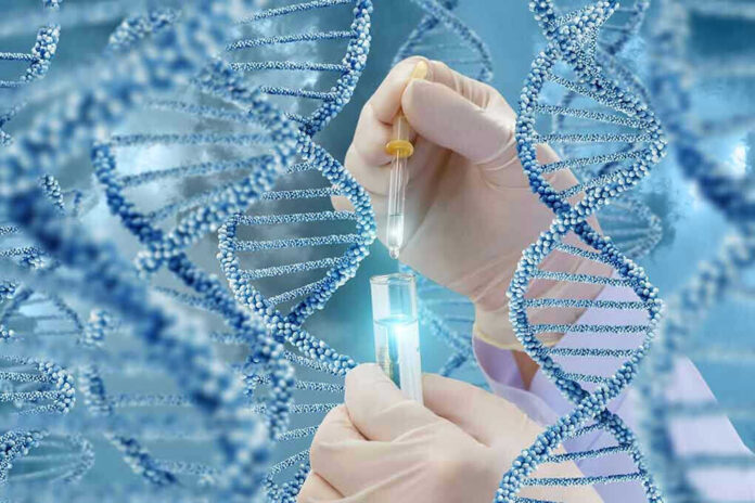 653790793 Hands with pipette and test tube surrounded by DNA strands.