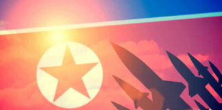 North Korean flag with missile silhouettes
