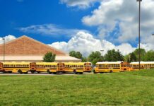 Terrifying School Bus Ordeal—Kids Trapped, Parents Rage A row of yellow school buses parked in front of a school building under a cloudy sky