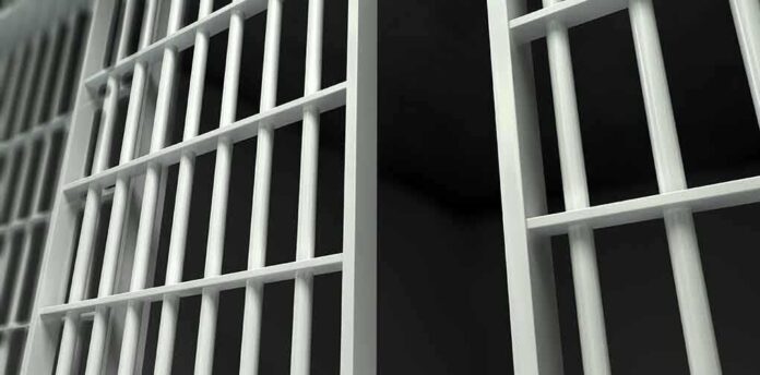 shutterstock_161438378.jpg Close up view of metal prison bars in a dark environment