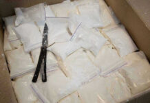 Bags of white powder with scissors in cardboard box