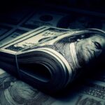 A rolled stack of hundred dollar bills on a background of more banknotes