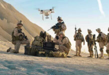 Drone Swarm Breaches US Nuke Base Soldiers operating a drone in a desert environment