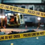 Police line marking a crime scene with emergency lights in the background