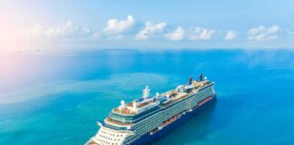 A large cruise ship sailing on a calm blue ocean