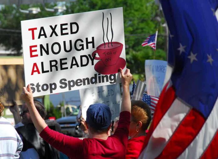 Protesters holding signs against taxation at a political demonstration