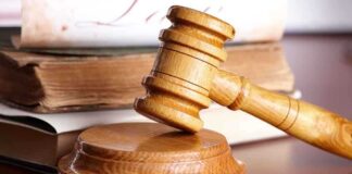 A wooden gavel resting on a circular base with law books in the background