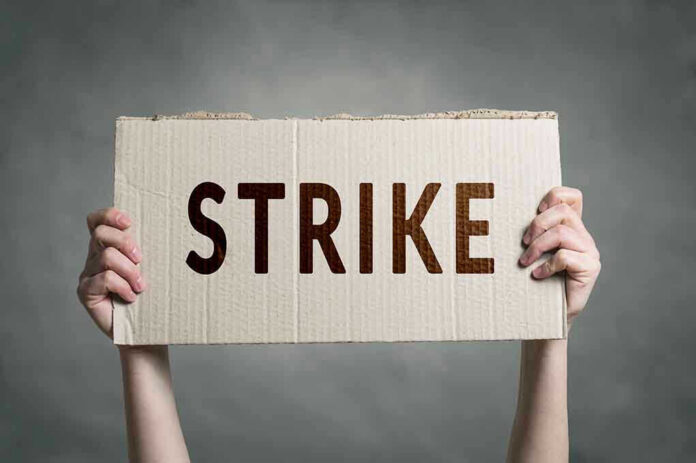 Two hands holding a cardboard sign saying STRIKE.