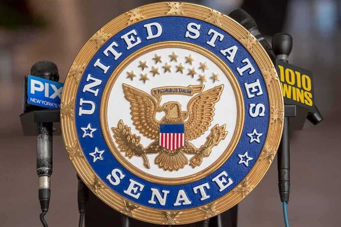 shutterstock_2130082274.jpg Official seal of the United States Senate with microphones in the background