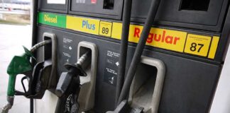 Close-up of a fuel pump with diesel and gasoline options