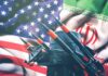Missile launcher in front of US and Iran flags