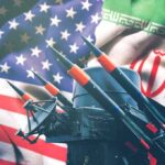 Missile launcher in front of US and Iran flags