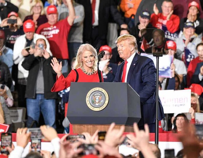 shutterstock_1629769585 political rally with two speakers at a podium