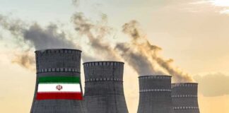 nuclear power plant cooling towers in Iran at sunset