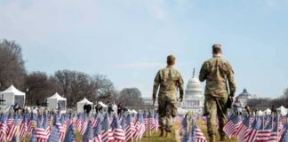 Two soldiers walk among American flags toward the U.S. Capitol