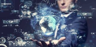 Businessperson holding a digital globe with data interfaces