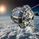 Earth’s Magnetic Hum Hints at Dark Matter Satellite with solar panels orbiting above Earth’s clouds