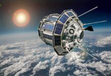 Earth’s Magnetic Hum Hints at Dark Matter Satellite with solar panels orbiting above Earth’s clouds