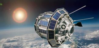 Satellite with solar panels orbiting above Earth’s clouds