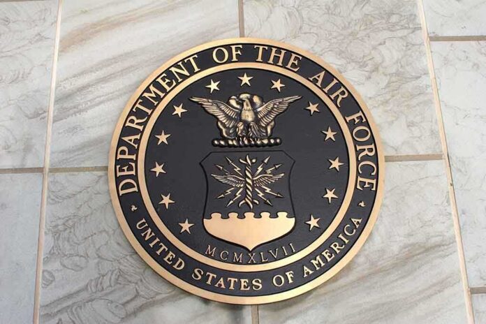 shutterstock_1513763 Bronze seal of the Department of the Air Force on a tiled surface