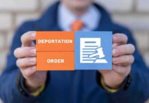 Hands holding blocks showing deportation order and legal document icon