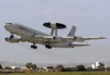 First-Ever Drone Kill Over Romania Raises Air Threat NATO AWACS aircraft taking off from an airfield