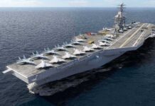 Aircraft carrier at sea with fighter jets on deck