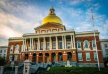 Massachusetts State House with golden dome and columns