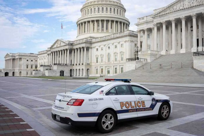 shutterstock_2180189067 Police car parked outside the United States Capitol building