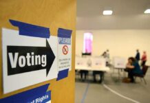 Brazil Election Dispute Resurfaces Voting sign on door leading to polling place